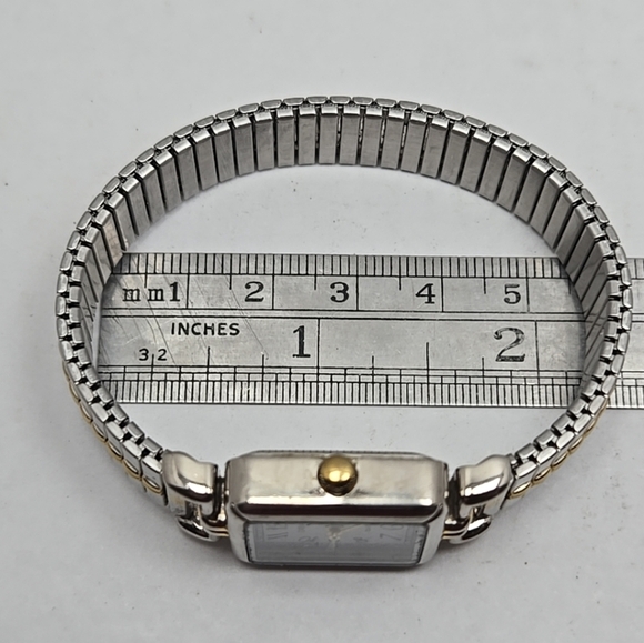 Womens Carriage by Timex Tank Watch Silver Gold Two Tone Stretch New Battery - Picture 9 of 10